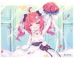  1girl :d ^_^ ahoge arm_up azur_lane bare_shoulders black_bow blush bouquet bow closed_eyes commentary_request dress elbow_gloves facing_viewer fang flower gloves hair_bow hair_flower hair_ornament holding holding_bouquet leaning_to_the_side notice_lines open_mouth petals red_flower red_rose redhead rose san_diego_(azur_lane) san_diego_(no.1_june_bride)_(azur_lane) sleeveless sleeveless_dress smile solo sudango twintails twitter_username wedding_dress white_dress white_flower white_gloves 