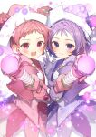  2girls :d blush closed_mouth cowboy_shot double_bun dress earrings gloves harukaze_doremi hat highres holding holding_wand jewelry looking_at_viewer magical_girl multiple_girls ojamajo_doremi one_side_up open_mouth pink_dress pink_eyes pink_gloves pink_hair pink_headwear purple_dress purple_hair purple_headwear ring ryota_(ry_o_ta) segawa_onpu short_hair signature simple_background smile sparkle violet_eyes wand white_background witch_hat 