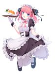  1girl :d absurdres blue_eyes blush bow bowtie food gloves go-toubun_no_hanayome highres holding holding_clothes holding_skirt ketchup looking_at_viewer maid maid_headdress nakano_nino omelet open_mouth pink_hair profnote shoes short_hair simple_background skirt smile solo thigh-highs two_side_up waitress white_background white_gloves wrist_cuffs 
