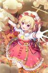  1girl :d ascot bangs blonde_hair blurry blurry_background bow coffin crystal dress eyebrows_visible_through_hair flandre_scarlet flower full_body hat highres kiramarukou long_hair mob_cap open_mouth outstretched_arms red_bow red_dress red_eyes red_flower red_rose rose seiza side_ponytail sitting smile solo stuffed_animal stuffed_toy teddy_bear touhou white_headwear wings wrist_cuffs yellow_neckwear 