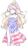  1girl american_flag arms_behind_back bare_shoulders blonde_hair clownpiece commentary_request covering fairy_wings feet_out_of_frame hat jester_cap long_hair looking_at_viewer nude_cover polka_dot_headwear purple_headwear rangycrow simple_background solo touhou white_background wings 
