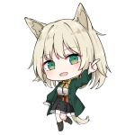  1girl :d animal_ear_fluff animal_ears arknights bangs black_footwear black_skirt blush boots bow breasts cat_ears cat_girl cat_tail chibi eyebrows_visible_through_hair fang full_body green_jacket jacket knee_boots light_brown_hair long_sleeves looking_at_viewer mango_(mgo) open_clothes open_jacket open_mouth outstretched_arm pleated_skirt podenco_(arknights) pointing shirt simple_background skirt small_breasts smile solo standing standing_on_one_leg tail white_background white_shirt yellow_bow 