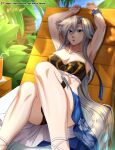  absurdres armpits arms_up bikini blue_eyes brave_frontier highres juice long_hair looking_at_viewer ribbon sefia swimsuit thigh_strap tropical vilde_loh_hocen white_hair wrist_ribbon 