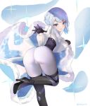  1girl ass bangs blush boots breasts fuenyuan gloves highres large_breasts long_sleeves looking_at_viewer looking_back open_mouth oshiro_project_re short_hair silver_hair solo thigh-highs thigh_boots thighs 