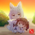  2girls :&lt; animal_ears artist_logo artist_name black_legwear blue_eyes blue_hakama blush brown_eyes brown_hair closed_mouth crossover eyebrows_visible_through_hair fox_ears fox_tail hair_between_eyes hakama hakama_skirt japanese_clothes kaga_(azur_lane) kaga_(kancolle) kantai_collection long_hair multiple_girls multiple_tails namesake short_hair side_ponytail tail taisa_(kari) tasuki thigh-highs white_hair wide_sleeves 