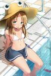  1girl absurdres arm_support bikini blonde_hair blue_eyes breasts brown_headwear commentary_request eyebrows_visible_through_hair eyes hat highres long_hair looking_at_viewer mamemochi moriya_suwako navel open_mouth partially_submerged pool sitting small_breasts smile solo swimsuit touhou water white_bikini 