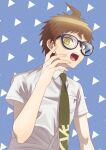  1boy :d ahoge badge bangs bespectacled black-framed_eyewear blue_background breast_pocket brown_hair collared_shirt commentary_request dangan_ronpa_(series) dangan_ronpa_2:_goodbye_despair glasses green_neckwear hand_up highres hinata_hajime kui_ka looking_at_viewer male_focus necktie open_mouth pocket print_neckwear shirt short_hair short_sleeves smile solo triangle upper_body upper_teeth white_shirt 