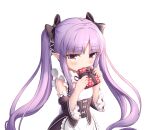  1girl bangs box breasts cementite gradient heart highres holding holding_box kyouka_(princess_connect!) long_hair maid nervous pointy_ears princess_connect! purple_hair simple_background small_breasts solo twintails upper_body valentine very_long_hair violet_eyes white_background yellow_eyes 