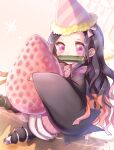  1girl black_hair blush chibi commentary_request food fruit gag hat highres holding holding_food kamado_nezuko kimetsu_no_yaiba long_hair looking_at_viewer party_hat pink_eyes ro_(igris-geo) sidelocks sleeves_past_wrists solo strawberry wide_sleeves 