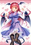  1girl ;d bat_wings black_legwear blue_skirt blue_vest blush breasts buttons commentary_request demon_tail dress_shirt eyebrows_visible_through_hair eyelashes frilled_skirt frills garter_straps head_wings heart highres juliet_sleeves knees_together_feet_apart koakuma kuwa_analog large_breasts long_hair long_sleeves looking_at_viewer low_wings marker_(medium) necktie one_eye_closed open_mouth outline pink_background puffy_sleeves red_eyes red_neckwear redhead shirt simple_background skirt skirt_set smile solo tail taut_clothes taut_vest thigh-highs touhou traditional_media very_long_hair vest white_background white_outline white_shirt wings zettai_ryouiki 