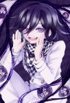  1boy :d absurdres bangs black_hair buttons checkered checkered_neckwear checkered_scarf commentary_request dangan_ronpa_(series) dangan_ronpa_v3:_killing_harmony del_(themirky) double-breasted fang hair_between_eyes hands_up highres jacket long_sleeves looking_at_viewer male_focus medium_hair open_mouth ouma_kokichi purple_background purple_hair scarf smile solo straitjacket translation_request violet_eyes white_background white_jacket 