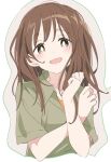  1girl :d blush brown_eyes brown_hair copyright_request green_shirt ixy long_hair open_mouth shirt short_sleeves simple_background smile solo white_background 