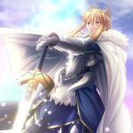  1girl ahoge armor artoria_pendragon_(all) artoria_pendragon_(lancer)_(fate) blonde_hair braid cape closed_mouth clouds commentary_request crown excalibur_(fate/stay_night) eyebrows_visible_through_hair fate/grand_order fate_(series) french_braid fur-trimmed_cape fur_trim gauntlets glowing glowing_weapon green_eyes hair_between_eyes hair_ornament holding holding_sword holding_weapon light_particles looking_away migiha outdoors short_hair sidelocks sky solo sword weapon white_cape 