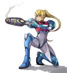  1girl arm_cannon armor bangs blonde_hair blue_eyes glowing gun highres long_hair looking_at_viewer metroid metroid_dread mole mole_under_mouth ponytail power_armor saiykik samus_aran science_fiction sidelocks simple_background solo upper_body varia_suit weapon white_background 