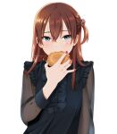  1girl blue_eyes brown_hair doughnut doughnut_hair_ornament eating food food-themed_hair_ornament frills hair_ornament holding holding_food long_hair mattaku_mousuke mole mole_under_eye nail_polish one_side_up original see-through_sleeves solo upper_body watermark white_background 