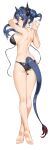  1girl absurdres arknights arm_up ass back bare_arms bare_legs bare_shoulders barefoot bikini black_bikini blue_hair breasts ch&#039;en_(arknights) dakimakura_(medium) double_bun dragon_horns dragon_tail ett from_behind full_body halter_top halterneck highres horns large_breasts long_hair looking_at_viewer looking_back shoulder_blades simple_background skindentation solo string_bikini swimsuit tail thigh_tattoo thighs twintails untied untied_bikini wardrobe_malfunction white_background 
