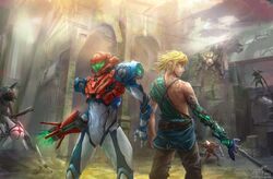  1boy 1girl arm_cannon back-to-back belt blonde_hair blue_eyes bokoblin brick_wall cyborg e.m.m.i._(metroid) highres lehis link master_sword metroid metroid_dread power_armor prosthesis prosthetic_arm robot samus_aran the_legend_of_zelda the_legend_of_zelda:_breath_of_the_wild the_legend_of_zelda:_breath_of_the_wild_2 torn_clothes weapon 