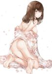  1girl ass bangs bare_shoulders barefoot blush breasts brown_eyes brown_hair eyebrows_visible_through_hair floral_print from_behind full_body highres kneeling looking_at_viewer looking_back medium_hair mole mole_on_breast off_shoulder original panties petals simple_background solo thighs underwear white_background white_panties yukineko1018 