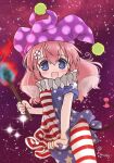  1girl american_flag_dress american_flag_legwear biyon blue_eyes blush bow clownpiece clownpiece_(cosplay) cosplay cowboy_shot dress dress_tug fairy_wings flower flower-shaped_pupils hair_between_eyes hair_flower hair_ornament hat holding holding_torch jester_cap long_hair looking_at_viewer mouse_tail neck_ruff open_mouth pink_bow pink_hair polka_dot_headwear purple_headwear short_sleeves show_by_rock!! solo star_(sky) starry_background tail tail_bow tail_ornament torch touhou twitter_username un_(show_by_rock!!) upper_body wings 