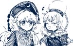  2girls bangs bare_shoulders black_choker black_dress black_eyes black_headwear black_neckwear black_shirt black_sleeves chain chinese_clothes choker closed_eyes closed_mouth crescent dress eyebrows_visible_through_hair hair_between_eyes hat hecatia_lapislazuli itomugi-kun junko_(touhou) long_hair long_sleeves looking_at_another medium_hair multiple_girls open_mouth polos_crown pom_pom_(clothes) shirt short_sleeves simple_background smile t-shirt touhou vest white_background white_hair white_headwear white_neckwear white_vest 
