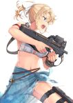  1girl acog bikini blonde_girl_(itou) blonde_hair blue_eyes bullet bullpup gun highres itou_(onsoku_tassha) magazine_(weapon) original p90 panties sarong solo submachine_gun swimsuit tied_hair trigger_discipline underwear weapon wet wet_clothes white_background white_bikini white_panties 