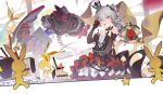  1girl absurdres bangs birthday birthday_cake black_dress black_gloves bronya_zaychik bronya_zaychik_(black_nucleus) cake cake_slice crown dress drill elbow_gloves food fruit gloves grey_eyes grey_hair hair_between_eyes hair_ornament happy_birthday highres holding homu_(honkai_impact) honkai_(series) honkai_impact_3rd looking_at_viewer open_mouth plate project_bunny red_eyes solo spoon strawberry tatatsu 