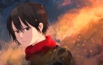  1girl bangs black_eyes black_hair highres looking_at_viewer messy_hair mikasa_ackerman paradis_military_uniform red_scarf sad satoshi_haku scarf shingeki_no_kyojin short_hair smoke snk soldier solo war 