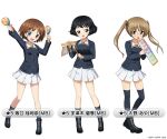  3girls artist_request black_hair blonde_hair blue_eyes blush breasts brown_eyes brown_hair eyebrows_visible_through_hair full_body girls_und_panzer glasses instrument maracas medium_hair military military_uniform miniskirt multiple_girls official_art ooarai_military_uniform oono_aya open_mouth pleated_skirt sakaguchi_karina shiny shiny_hair short_hair simple_background skirt small_breasts smile standing twintails uniform utsugi_yuuki white_background white_skirt 