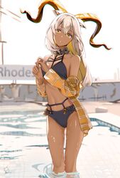  1girl absurdres animal_ears arknights ass_visible_through_thighs auguste backlighting bangs bare_shoulders beeswax_(arknights) bikini black_bikini blonde_hair collarbone colored_inner_hair commentary_request dark-skinned_female dark_skin day eyebrows_visible_through_hair feet_out_of_frame goat_ears goat_horns highres horns long_hair long_sleeves looking_at_viewer multicolored_hair navel off_shoulder open_clothes open_shirt orange_shirt outdoors parted_lips plaid plaid_shirt pool shirt silver_hair smile solo standing swimsuit two-tone_hair wading water wet yellow_eyes 