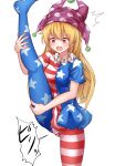  1girl american_flag_dress american_flag_legwear bangs blonde_hair blush breasts clownpiece hand_on_own_leg hand_on_own_thigh hat highres jester_cap leg_up long_hair open_mouth panties pantyhose pink_eyes siw0n small_breasts solo split standing standing_on_one_leg standing_split striped striped_panties sweatdrop torn_clothes torn_legwear touhou translation_request underwear 