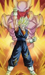  2boys aura blonde_hair blue_pants blue_sash blue_shirt boots buraku_black colored_sclera colored_skin dragon_ball dragon_ball_z earrings full_body gloves green_eyes highres janemba jewelry male_focus multiple_boys muscular muscular_male orange_shirt pants pointy_ears potara_earrings red_skin sash shirt spiky_hair super_saiyan super_saiyan_1 vegetto white_boots white_gloves yellow_sclera 