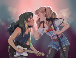  2girls backlighting band_(music) black_hair black_tank_top blonde_hair blurry blush bokeh closed_eyes commission concert crop_top denim denim_shorts depth_of_field electric_guitar grabbing_another's_chin guitar hand_on_another's_chin holding holding_microphone_stand instrument leggings lipstick_mark long_hair looking_at_another microphone_stand multiple_girls music off-shoulder_shirt off_shoulder original playing_guitar playing_instrument shirt shorts singing smiley_face_earrings stage tank_top tied_shirt toned toned_female torn_clothes torn_leggings twintails vasira96 yuri zipper_earrings 