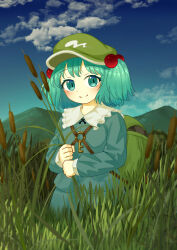  1girl absurdres backpack bag blue_eyes blue_hair blue_skirt blue_sky blush cattail closed_mouth clouds collared_shirt commentary_request day ekaapetto frilled_shirt_collar frills grass green_bag green_hat hair_bobbles hair_ornament hat highres holding holding_plant kawashiro_nitori key long_sleeves looking_at_viewer making-of_available outdoors paid_reward_available plant shirt skirt sky smile solo touhou two_side_up 