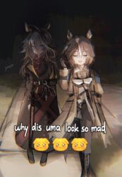  2girls animal_ears bare_shoulders black_boots black_coat black_gloves black_hair black_pants black_skirt blue_eyes boots brown_hair closed_eyes coat collared_shirt crying_emoji doktahzaki dream_journey_(reminder_of_dreamland)_(umamusume) dream_journey_(umamusume) ear_covers emoji eyes_in_shadow face_in_shadow full_body glasses gloves goggles goggles_around_neck hair_between_eyes highres horse_ears horse_girl horse_tail long_hair long_sleeves meme multicolored_hair multiple_girls night open_clothes open_coat open_mouth outdoors pants red_shirt shaded_face shirt side-by-side sidewalk skirt smile standing stay_gold_(umamusume) streaked_hair tail umamusume white_hair why_dis_ninja_look_so_mad_(meme) yellow_coat 