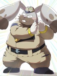  belt black_belt blush clothed_pokemon diggersby emu_426 full_body grey_fur grey_jacket grey_pants hat highres jacket pants pokemon pokemon_(creature) simple_background solo sparkle standing white_background 