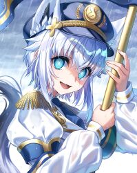  1girl @_@ ahoge alternate_hair_length alternate_hairstyle animal_ear_fluff animal_ear_piercing animal_ears aqua_eyes banner battle_standard black_hat blush commentary_request dero_(eka56921) embarrassed epaulettes fox_ears fox_girl fox_tail hair_between_eyes hat highres holding_banner hololive long_hair looking_at_viewer military_hat open_mouth peaked_cap rain shirakami_fubuki short_hair solo spiral-only_eyes tail virtual_youtuber war_banner wavy_mouth white_hair 