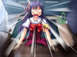  1girl anger_vein angry armband black_hair blurry blush bow bowtie breasts ceiling chalkboard cowboy_shot desk emphasis_lines fang fisheye from_below fumizuki_yukari game_cg globe grey_skirt hair_between_eyes hair_ribbon hands_on_table hara_hara!! indoors large_breasts leaning_forward locker long_hair looking_at_viewer miniskirt motion_blur open_hands open_mouth pen pink_ribbon pleated_skirt puffy_short_sleeves puffy_sleeves purple_serafuku red_bow ribbon ruler safety_pin sailor_collar school_uniform scissors serafuku short_sleeves shouting skirt solo standing straight_hair suzumiya_natsuki teeth third-party_source v-shaped_eyebrows variant_set white_eyes white_sailor_collar window yellow_armband 
