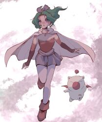  1girl boots breasts cape creature detached_sleeves dress final_fantasy final_fantasy_vi full_body green_hair hair_ribbon ika_okura_66 long_hair medium_breasts moogle parted_bangs parted_lips ponytail purple_ribbon red_boots red_dress red_sleeves ribbon sash short_dress strapless strapless_dress terra_branford violet_eyes waist_sash 