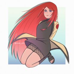  1girl arms_behind_back black_dress boots breasts coat commentary dress english_commentary fishnets full_body hair_ornament hairclip highres knee_boots long_hair medium_breasts naruto_(series) open-toe_boots red_hair rozan_arts short_dress smile solo turtleneck twitter_username uzumaki_kushina very_long_hair violet_eyes yellow_coat 