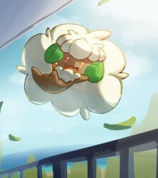  applecandy_prpr blue_sky day full_body highres leaf looking_at_viewer no_humans open_mouth outdoors pokemon pokemon_(creature) sky solo whimsicott 