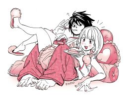  1boy 1girl ? absurdres amane_misa animal_print artist_name barefoot black_hair blush breasts cake cake_slice cat_print controller death_note findoworld food full_body hair_between_eyes hello_kitty_print hetero highres holding holding_cake holding_food holding_remote_control holding_spoon inverted_cross_earrings l_(death_note) long_hair medium_breasts nail_polish open_mouth pajamas pants pillow pink_eyes pink_nails pink_negligee pink_pajamas pink_pants pink_slippers remote_control shirt short_hair sitting sitting_on_lap sitting_on_person slippers smile spoon utensil_in_mouth white_background white_shirt 