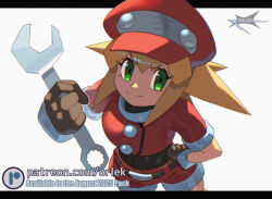 1girl black_bodysuit black_gloves blonde_hair bodysuit clenched_hands closed_mouth cropped_shirt english_commentary eyelashes from_above gloves green_eyes hair_between_eyes hat holding holding_wrench looking_at_viewer mega_man_(series) mega_man_legends_(series) orlek red_hat red_shirt red_shorts roll_caskett_(mega_man) shirt shorts smile solo wrench 