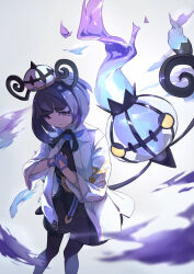  1girl absurdres belt black_dress blue_fire blue_gloves bob_cut chandelier chandelure coat dress fire gloves gwynn_(pokemon) hat highres mega_stone o-ring o-ring_belt open_clothes open_coat pants partially_fingerless_gloves pokemon pokemon_(creature) pokemon_legends:_z-a purple_fire purple_hair simple_background standing two-tone_pants white_coat yodaka_(yodakano_) 