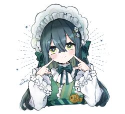  1girl 1st-mn blush bonnet breasts closed_mouth collar colored_inner_hair commentary cropped_torso crossed_bangs fingers_to_cheeks fish floral_print floral_print_kimono flower-shaped_pupils flower_hairpin frilled_bonnet frilled_collar frills green_eyes green_hair green_kimono green_ribbon hair_ornament hair_ribbon hairclip halftone happy_aura highres japanese_clothes kimono long_hair long_sleeves looking_at_viewer multicolored_hair neck_ribbon nijisanji obiage print_kimono ribbon simple_background small_breasts smile solo star_(symbol) symbol-only_commentary symbol-shaped_pupils togawa_nonoha virtual_youtuber white_background white_bonnet white_sleeves 