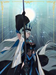  1girl absurdly_long_hair absurdres artist_name black_dress black_gloves blue_gemstone blue_lips breasts chest_spike clothing_cutout cowboy_shot crown dress expressionless fate/grand_order fate_(series) floating_hair gem gloves glowing glowing_eyes gold_border halterneck highres holding holding_polearm holding_weapon large_breasts long_dress long_hair looking_at_viewer morgan_le_fay_(fate) morgan_le_fay_(queen_of_winter)_(fate) myoha_moon one_eye_covered outside_border polearm see-through_clothes sleeveless sleeveless_dress solo stomach_cutout studded very_long_hair weapon white_hair wide_sleeves 