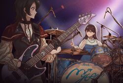  2girls 5-string_bass_guitar bang_dream! bang_dream!_it's_mygo!!!!! bass_guitar black_gloves black_hair blue_dress brown_hair capelet closed_mouth cymbals dress drum drum_set drumsticks eoljukko extended_range_bass_guitar film_grain gloves highres holding holding_drumsticks instrument long_hair multiple_girls music playing_bass_guitar playing_instrument purple_background red_capelet see-through_clothes see-through_sleeves shiina_taki shirt smile sweat violet_eyes white_shirt yahata_umiri 