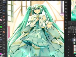  1girl areuwuu art_program_in_frame backlighting blue_hair chest_bow costume_request detached_sleeves double-parted_bangs dress feet_out_of_frame hair_between_eyes hair_ornament hand_on_own_chest hatsune_miku highres layered_dress leggings light_particles long_hair looking_at_viewer offering_hand outstretched_arm screenshot smile solo twintails very_long_hair vocaloid white_dress white_leggings winged_sleeves x_hair_ornament zettai_ryouiki 