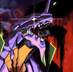  absurdres eva_01 evangelion_(mecha) from_side highres horns hunk_404 mecha mecha_focus neon_genesis_evangelion no_humans open_mouth robot science_fiction single_horn solo super_robot upper_body white_eyes 