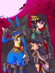  1boy bat_(animal) bat_wings bike_shorts black_cape black_hair black_hat black_nails cape dark_pit fang hair_ornament hand_on_own_hip hat highres kid_icarus kid_icarus_uprising laurel_crown lucario pokemon pokemon_(creature) red_eyes red_sky signature sky super_smash_bros. trick_or_treat wing_hair_ornament wings yui_fightpaint 