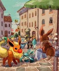  building clouds commentary_request cup day door eevee espeon flareon glaceon jolteon leafeon matsuri_(matsuike) no_humans outdoors pokemon pokemon_(creature) pokemon_focus sky standing steam table umbreon vaporeon window 